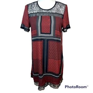 2/$25 Express Red Floral Lace Contemporary Business Short Sleeve Slip Dress S